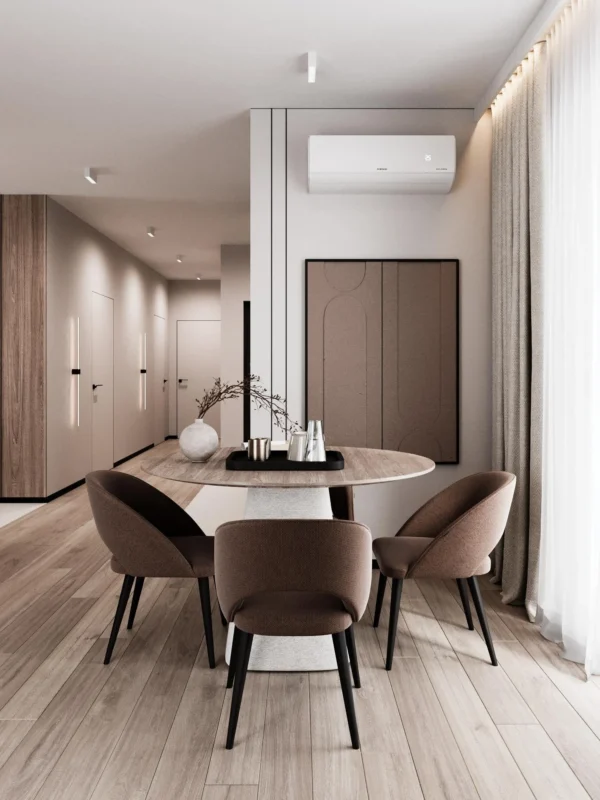 Round dining table, four chairs and a decorative wall panel