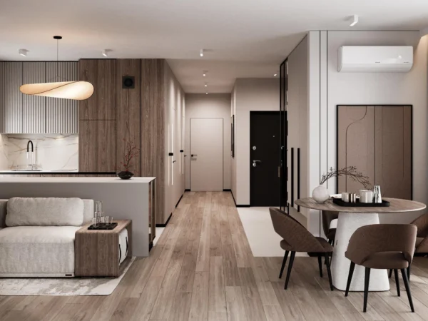 View from the living room to the hallway: dining area, kitchen and front door