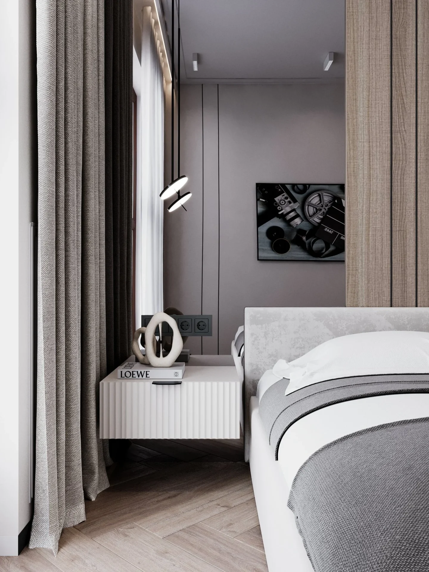 Fluted bedside table and a pendant light in the bedroom