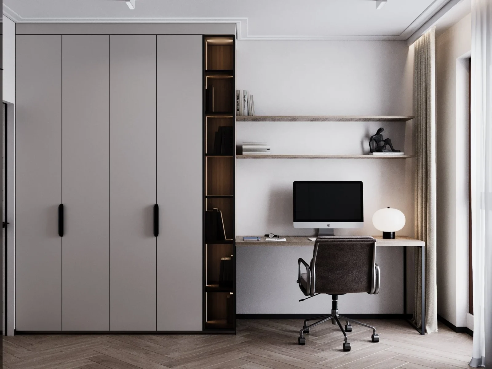 Home office: floor-to-ceiling wardrobe, an illuminated shelving unit and a desk