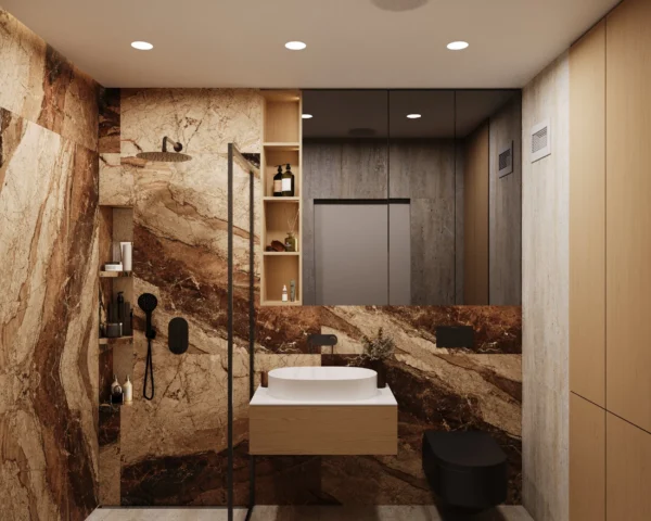 Bathroom: brown marble-pattern walls, a floating oak-look vanity and a black wall-hung WC