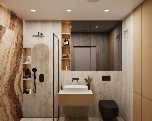 Shower behind a black-framed glass screen, storage niches and a black rain shower