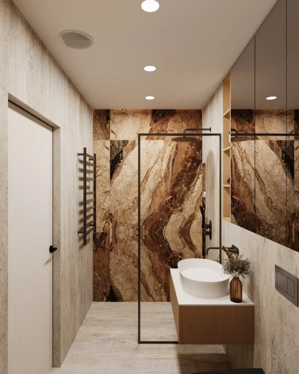 Bathroom: travertine-look porcelain, a countertop washbasin and a black towel rail
