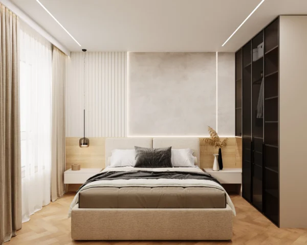Bedroom with fluted white panels, LED lighting and a tinted-glass wardrobe