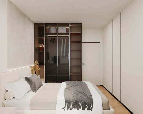 Wardrobe with glass doors and interior lighting in the bedroom