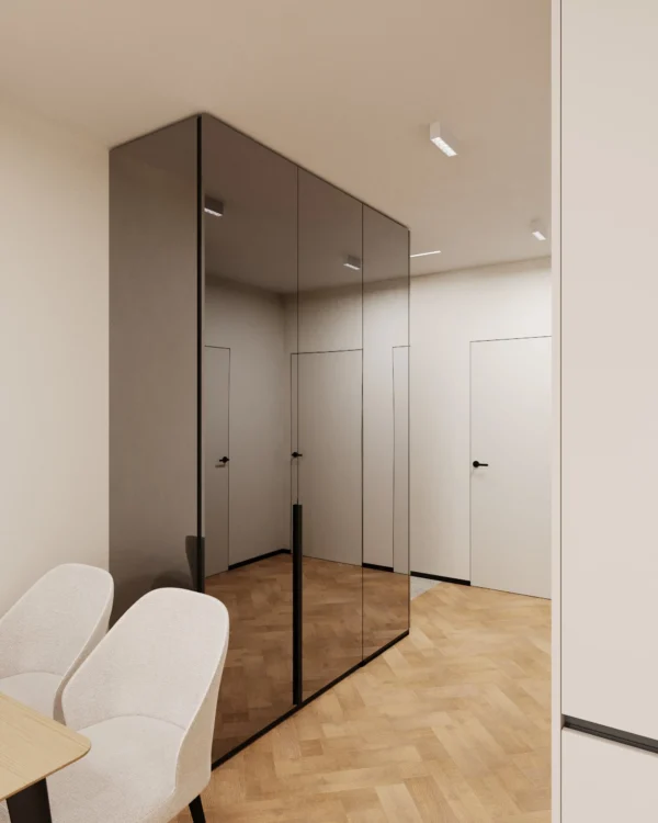 Floor-to-ceiling mirrored wardrobe with a view of flush-mounted room doors