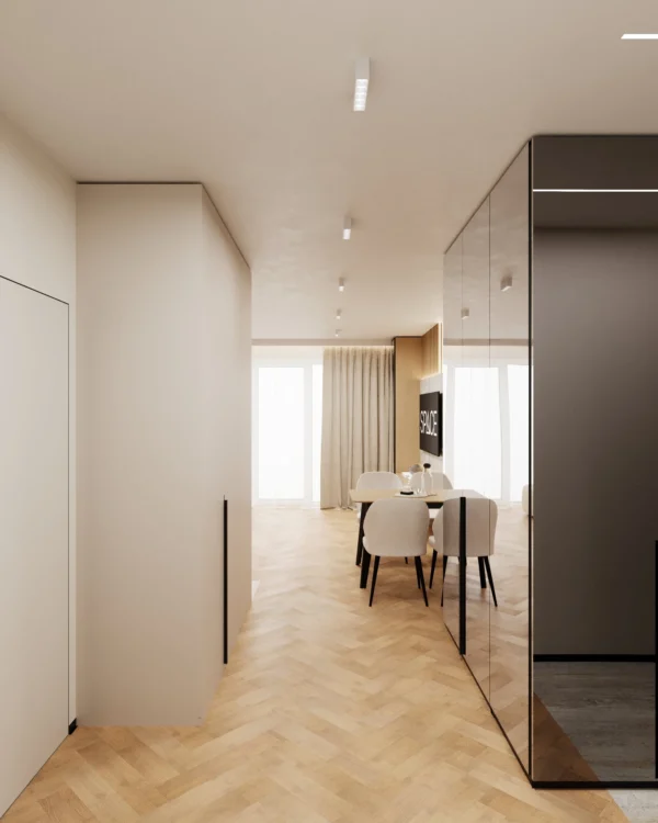 Corridor from the hall to the living room: mirrored wardrobe, a white tall cabinet and herringbone parquet