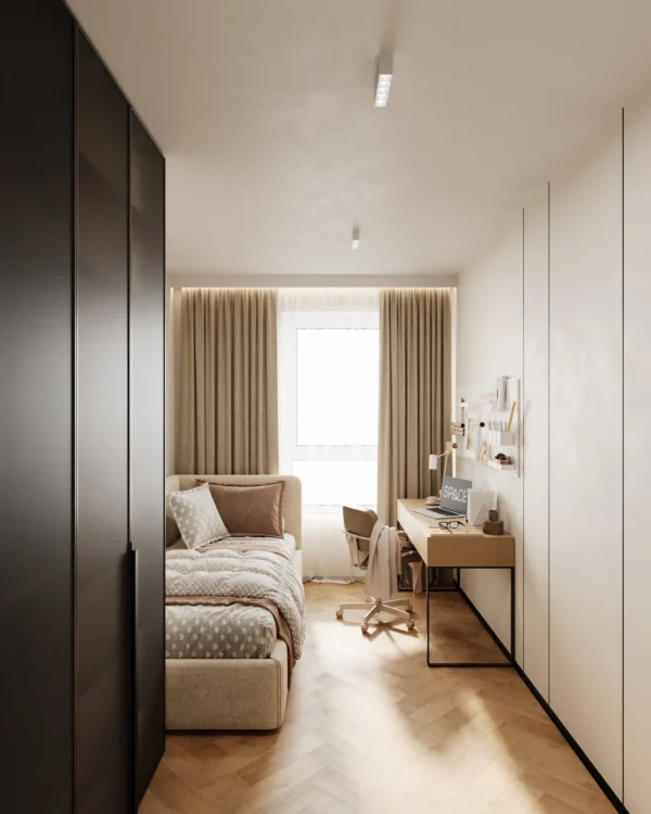 Kids' room: bed by the window, a study desk and a dark floor-to-ceiling wardrobe