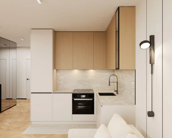 L-shaped kitchen: white base units, oak-look wall cabinets, a marble-look splashback and a built-in oven