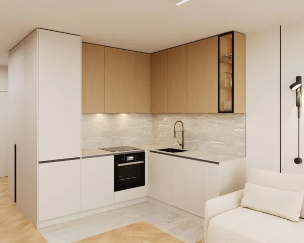 Kitchen with a tall appliance column, a black sink and a black-framed glass cabinet