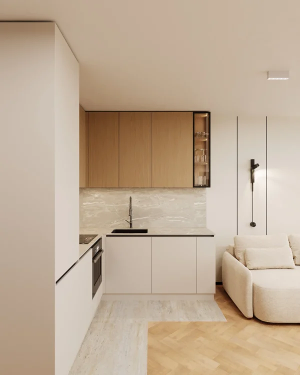 Kitchen seen from the entrance: travertine-look porcelain flooring meets herringbone parquet