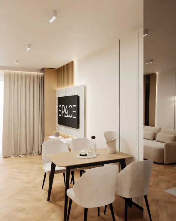 Apartment interior design in Wola: kitchen-living room with a dining table, wood-slat TV wall and a sofa by the window