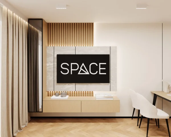 TV area: marble-look panel, backlit wooden slats and a floating oak-look console