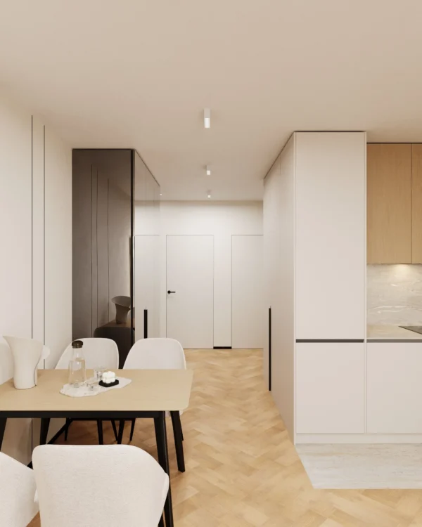 View from the dining area to the kitchen and hallway with flush doors, herringbone floor