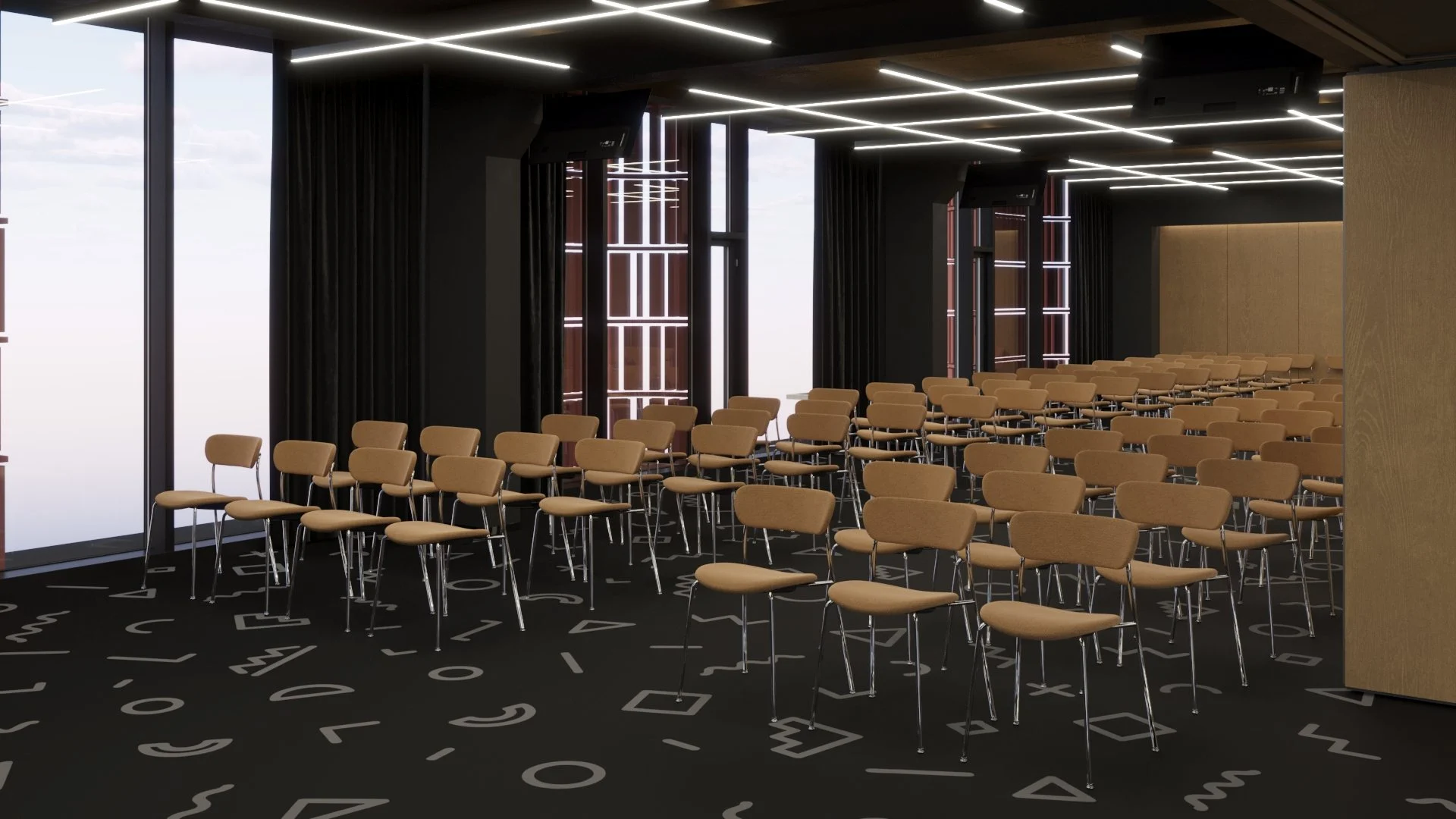 Sala konferencyjna wzdłuż okien: krzesła, czarne zasłony i sufit z oprawami liniowymi