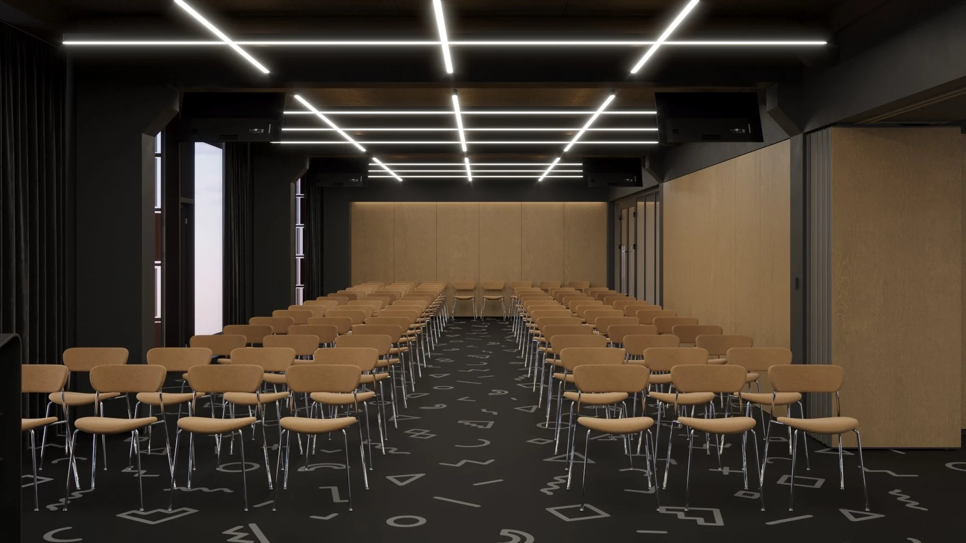Sala oddzielona mobilną ścianką z paneli drewnopodobnych: rzędy krzeseł i linie świetlne na suficie