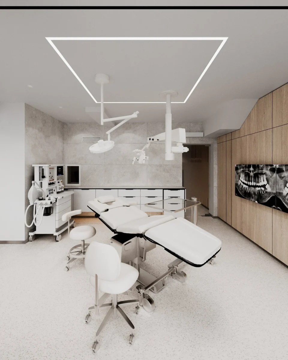 Projekt kliniki stomatologicznej w Czerniowcach: sala operacyjna z fotelem chirurgicznym, lampami na wysięgnikach i ścianą z gresu