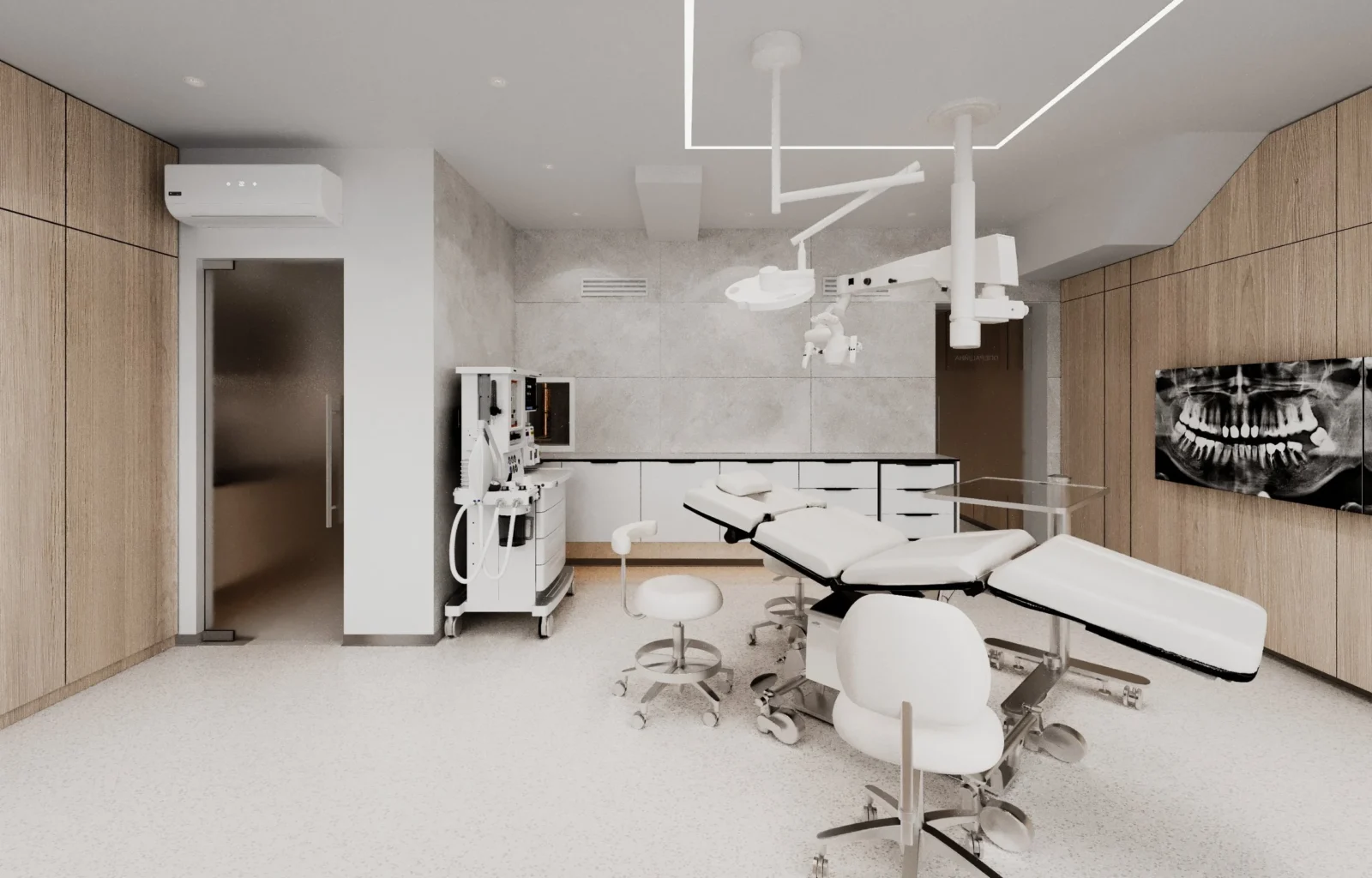 Jak zaprojektować klinikę stomatologiczną: sala operacyjna w bieli i drewnie z fotelem chirurgicznym