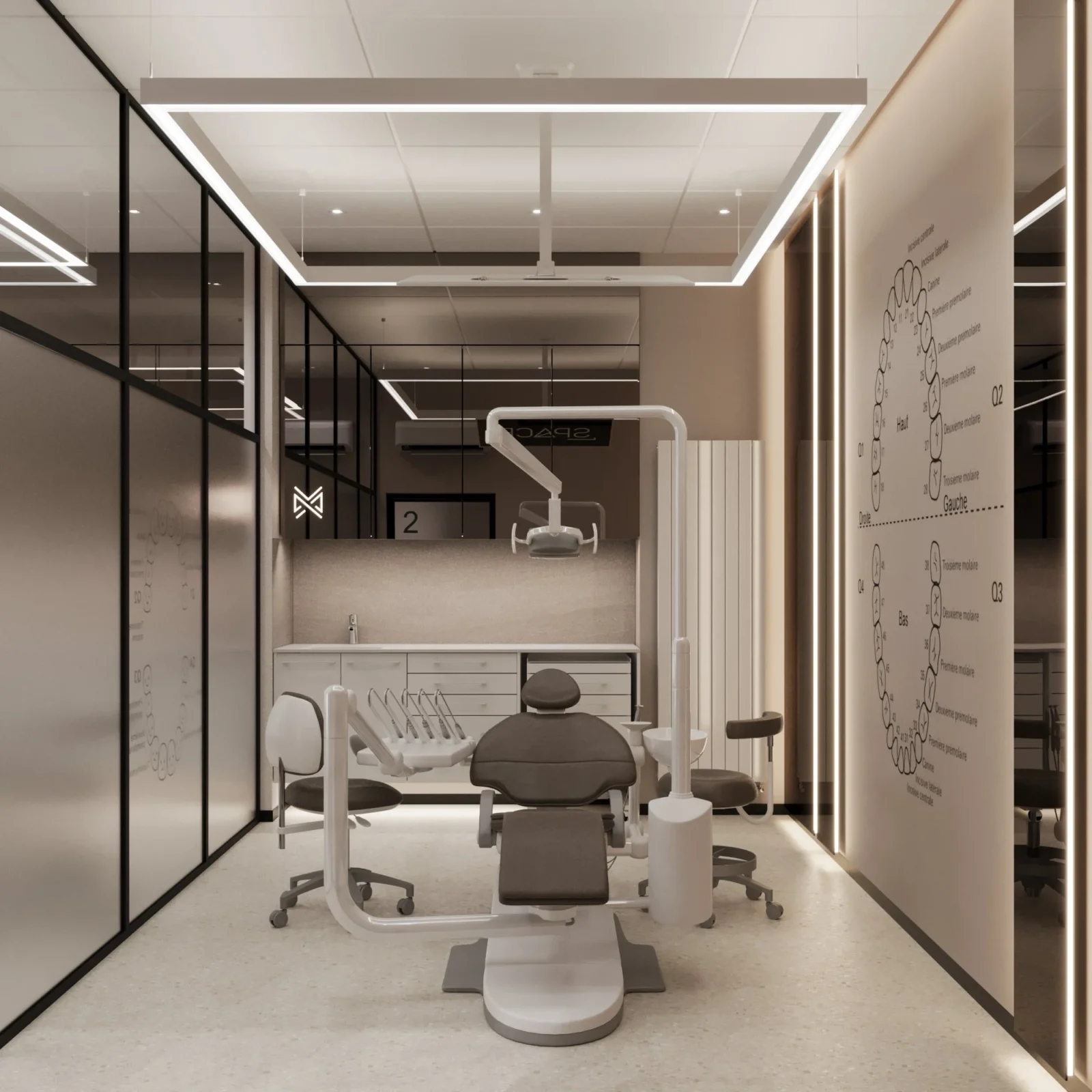 Projekt kliniki stomatologicznej MAXXDENTAL: gabinet ortodontyczny: fotel stomatologiczny, schemat zębów na ścianie i szklane ścianki