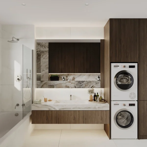 Main bathroom: bathtub with a glass screen, walnut vanity, onyx-look wall and a washer-dryer column