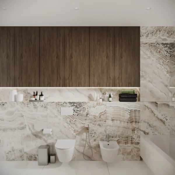 Wall-hung WC and bidet against onyx-look porcelain with cabinets above the frame