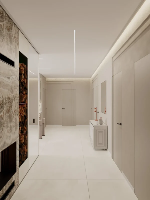 Hall: log store and fireplace in an onyx-look wall, flush doors and a console