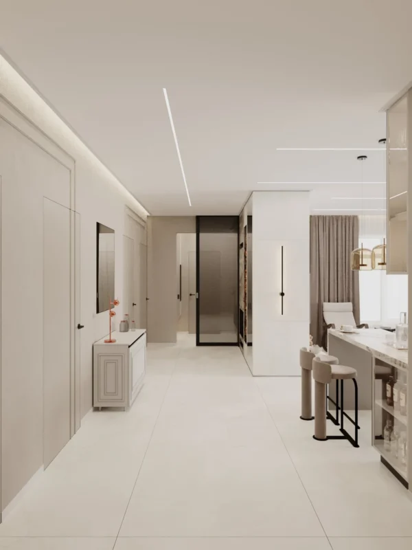 Hall looking towards the kitchen: black-framed sliding door and flush-mounted doors