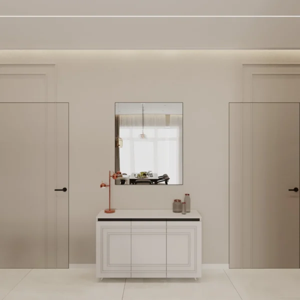 White console with a mirror between two flush doors with black handles