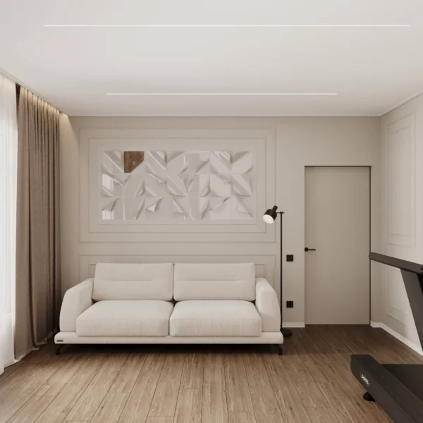 Guest room: light sofa against a moulded wall with a relief panel