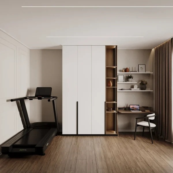 Guest room with a treadmill, floor-to-ceiling wardrobe and a workspace