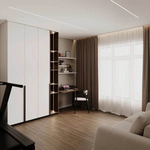 Desk by the window, shelving unit and floor-to-ceiling wardrobe in the guest room