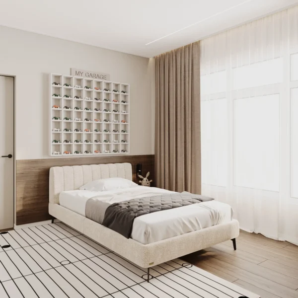 Kids bedroom: upholstered bed, a toy car display shelf and a striped rug