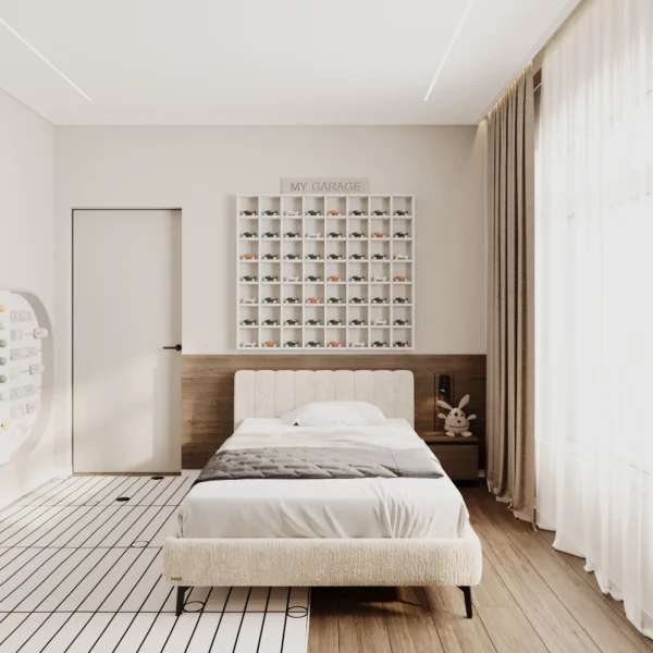 Bed in the kids room against a wood panel and a «My Garage» collection shelf