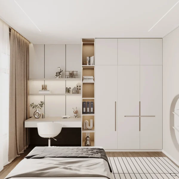 Study desk with lit shelves and a built-in wardrobe in the kids room