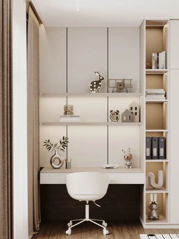 Desk, open shelving unit and decorated shelves in the kids room