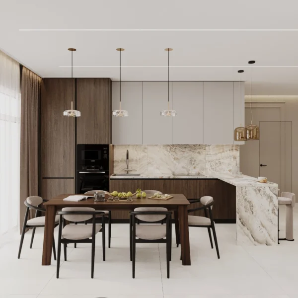 Kitchen with walnut and light fronts, an onyx-look splashback and a dining table under glass pendants