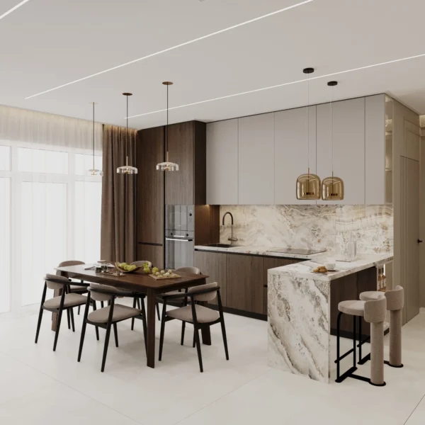 Dining area and kitchen with a peninsula clad in onyx-look porcelain