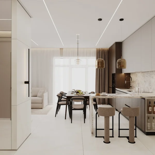 Breakfast bar with counter stools and a dining area by a full-height window