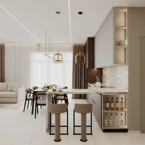 Kitchen peninsula with counter stools, open wine shelves and a dining table