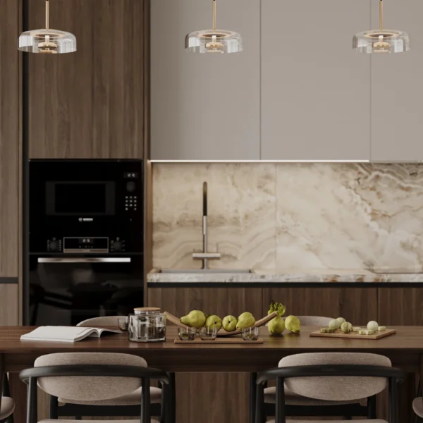 Kitchen detail: tall unit with black built-in appliances, onyx-look splashback and a pull-down mixer