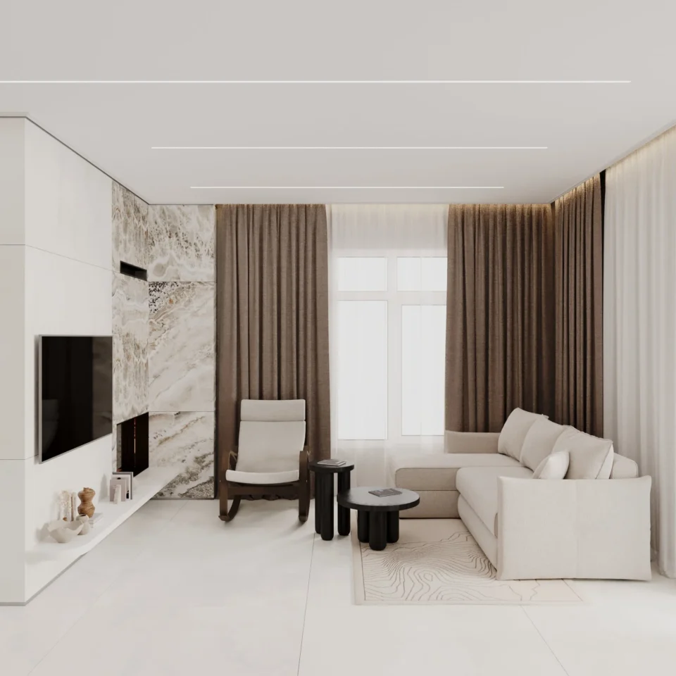 Living room: corner sofa, rocking chair and a TV wall with a fireplace clad in onyx-look porcelain
