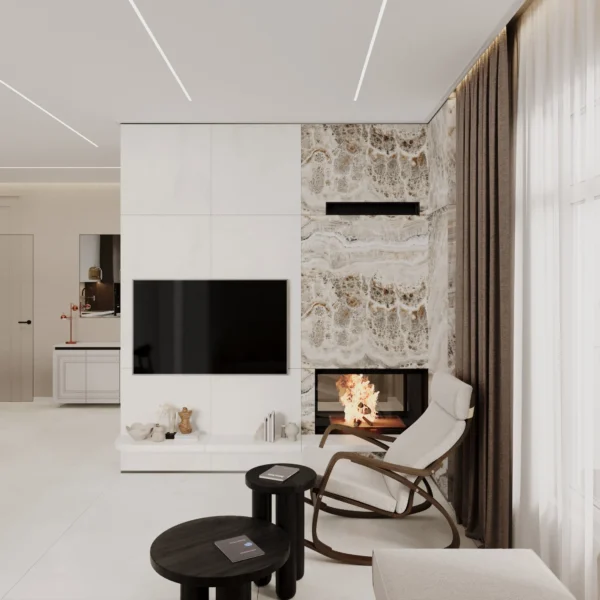 Onyx-look fireplace next to the TV area, a rocking chair and black coffee tables