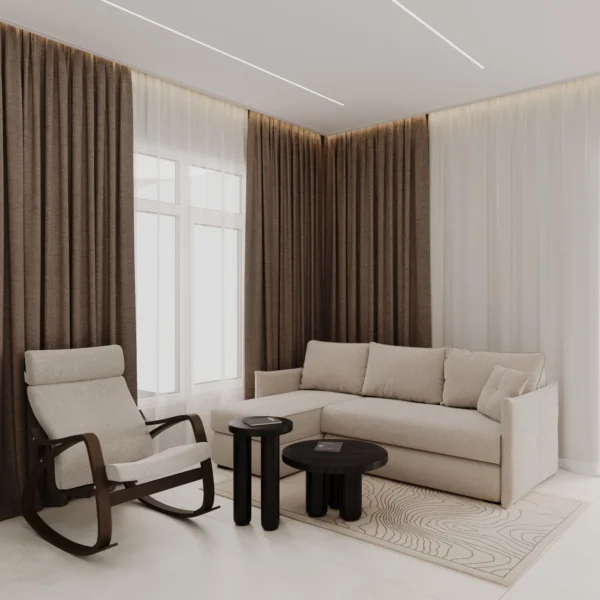 Lounge area by the window: light corner sofa, rocking chair and a textured rug
