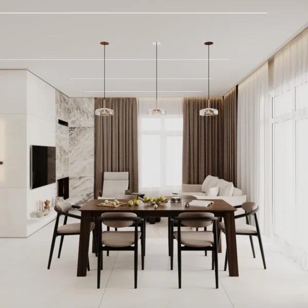 Kitchen-living room: an eight-seat dining table, TV wall and large curtained windows