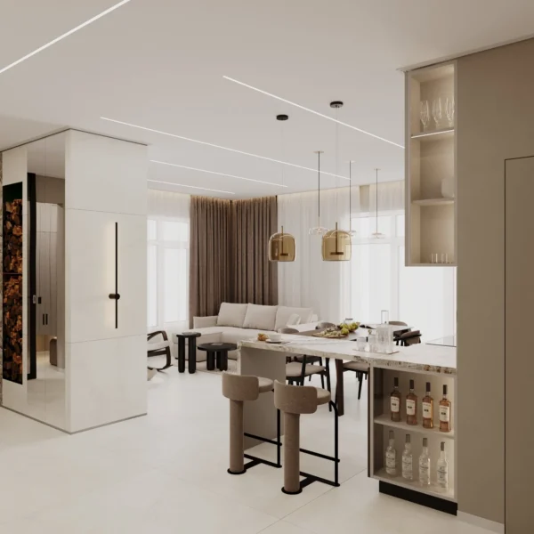 View from the entrance into the kitchen-living room: breakfast bar with wine shelves, dining area and sofa