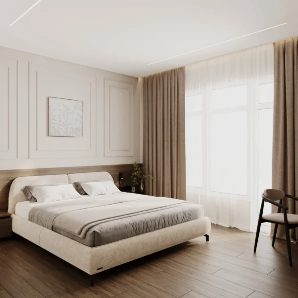 Bedroom with the bed by the window, wood-look flooring and heavy curtains