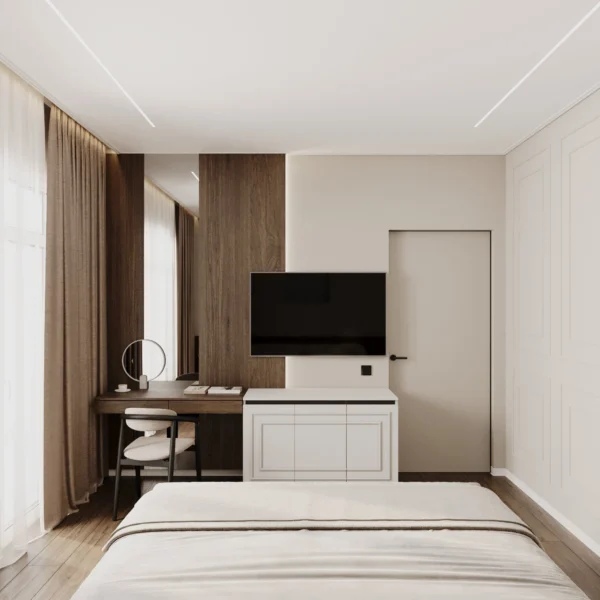 Bedroom: dressing table with a round mirror, TV on a wood panel and a white chest of drawers