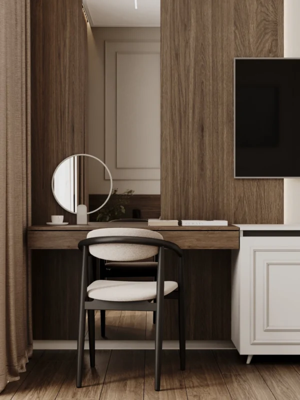 Dressing table with a wooden top, a round mirror and an upholstered chair