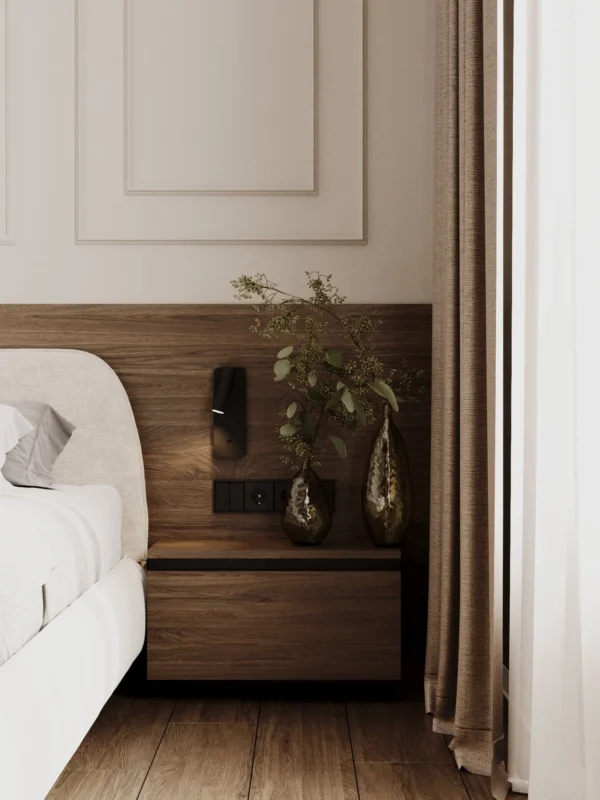 Bedside table, wall light and sockets on the wood panel next to the bed