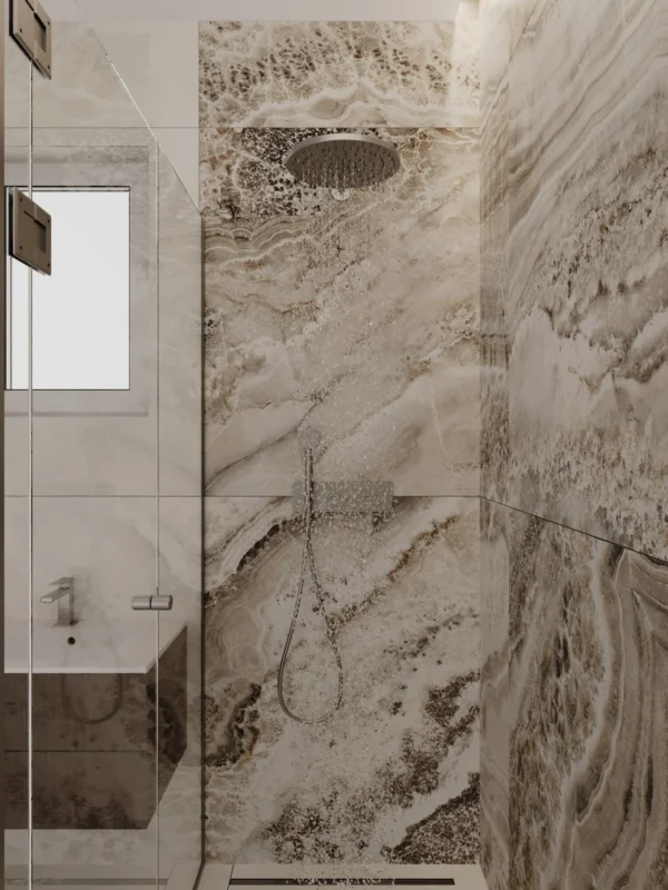 Shower with a rain shower head and onyx-look porcelain walls